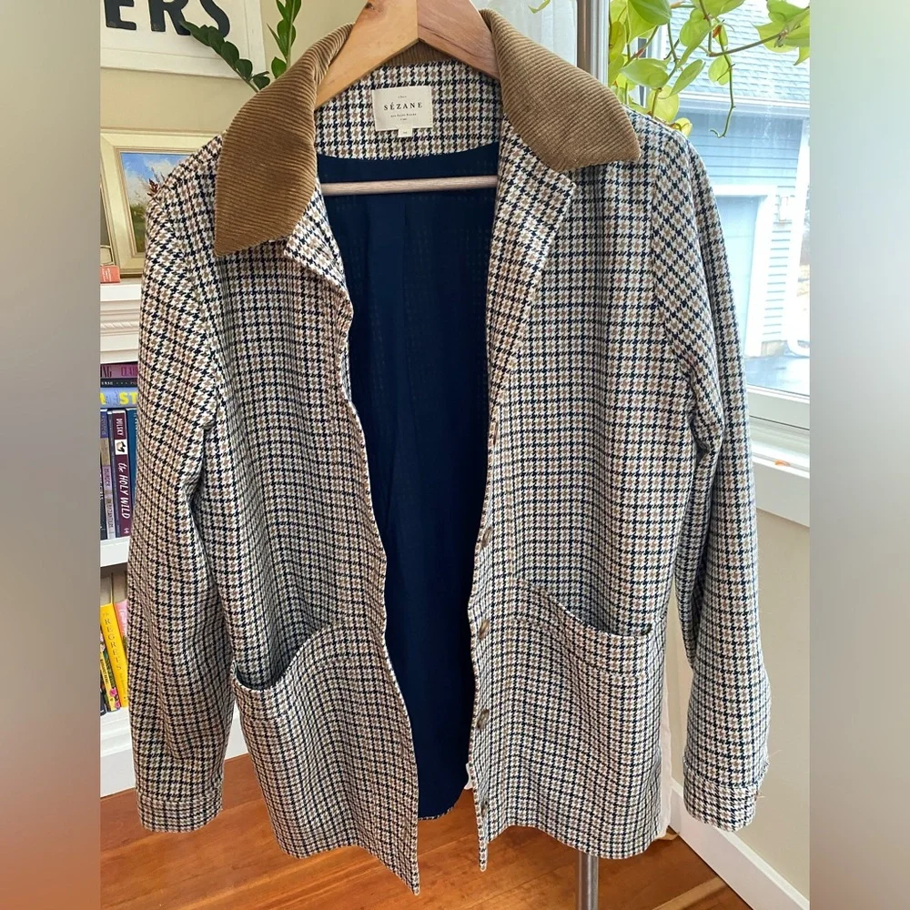 Sézane Houndstooth Will Jacket with Tan Corduroy Collar - Picture 6 of 8